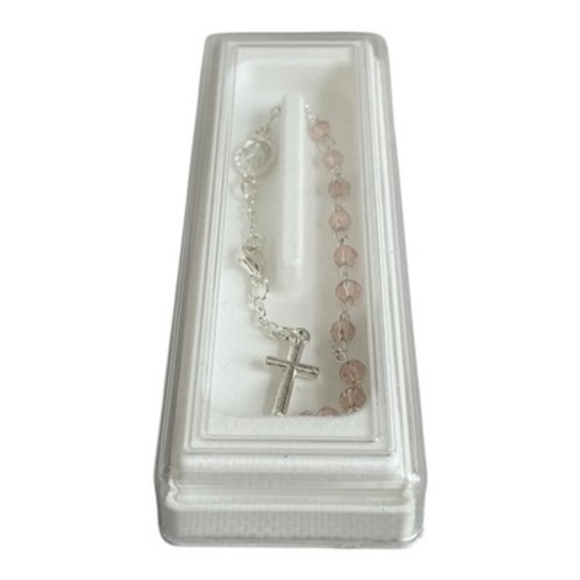 Jewelry - Catholic Pink Crystal Rosary Bracelet with Cross & Miraculous Medal Gift Box